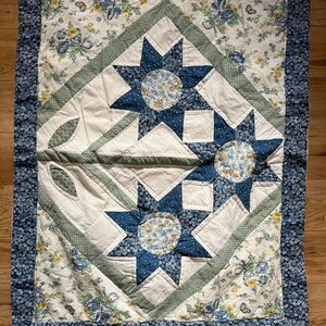 Blue quilted flower pillowcase in fair condition